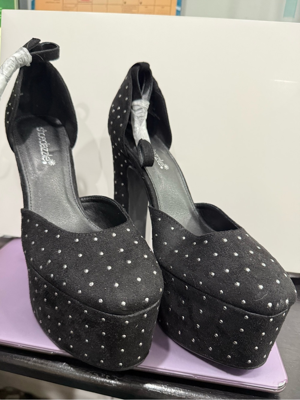 Shoe Dazzle Black Studded Platform Pumps with Ankle Tie